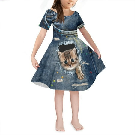 

NETILGEN Jeans Printed Cat Teen Girl Dress for Perfect Birthday Gift Lightweight Sweet Princess Style Midi Dresses Fit 3-4 Y