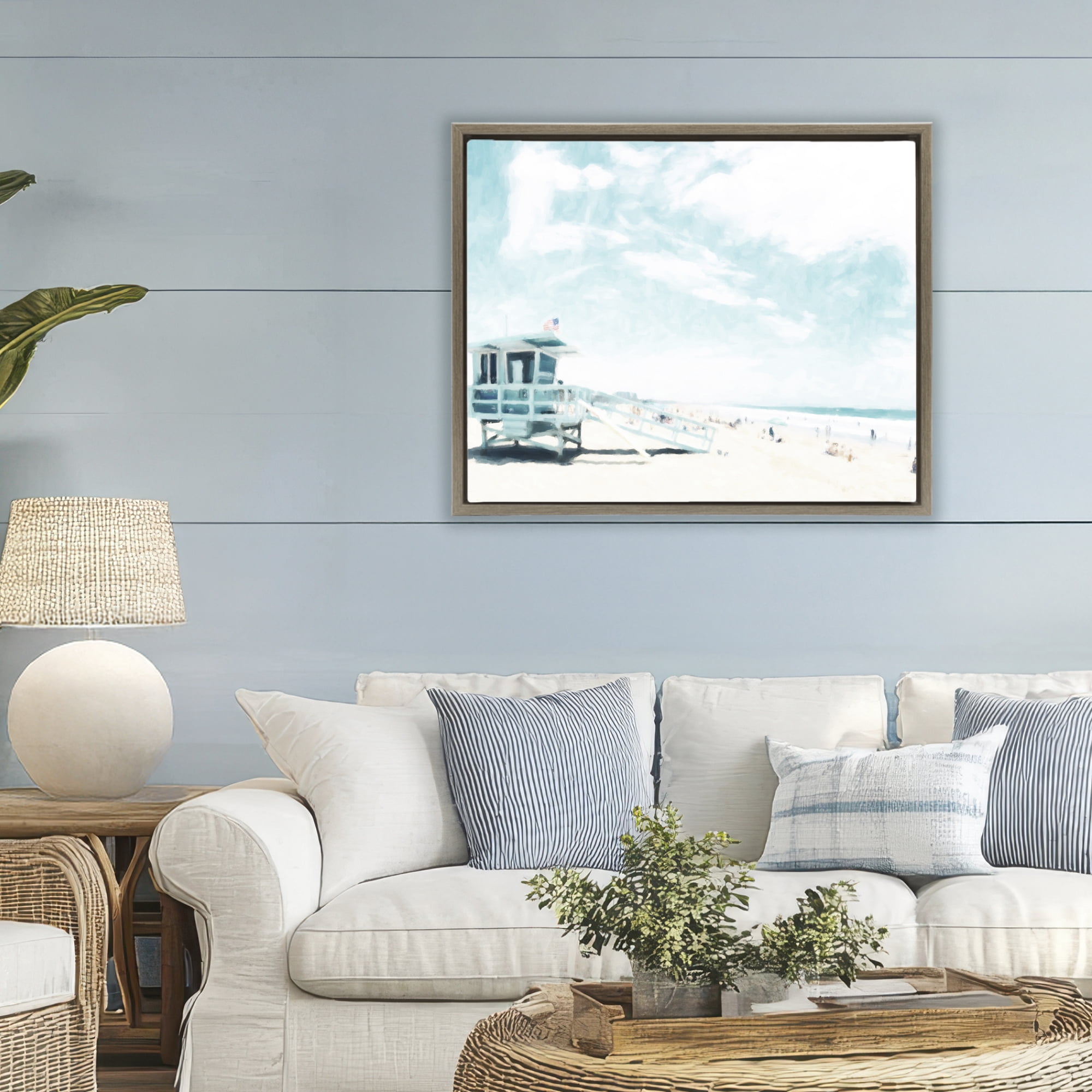 Stupell Industries Blue Beach Station Brown Framed Floater Canvas Wall Art, design by Kim Curinga