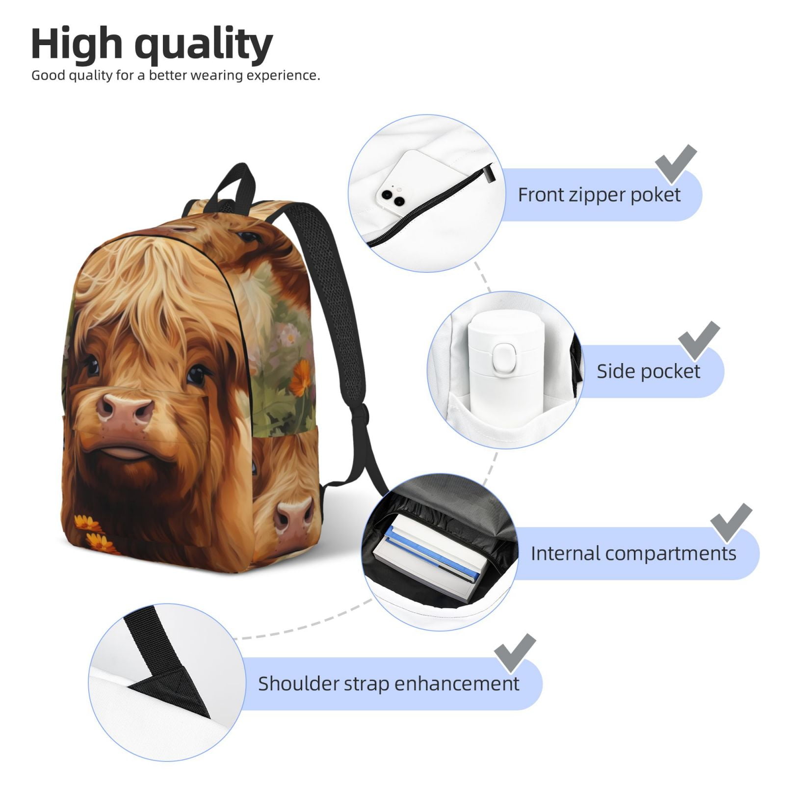 Ratiio Cute Floral Cow Print Canvas Backpack for Women & Men Retro Aesthetic Rucksack Basic Backpack for High School/College Students Travel Laptop Bag
