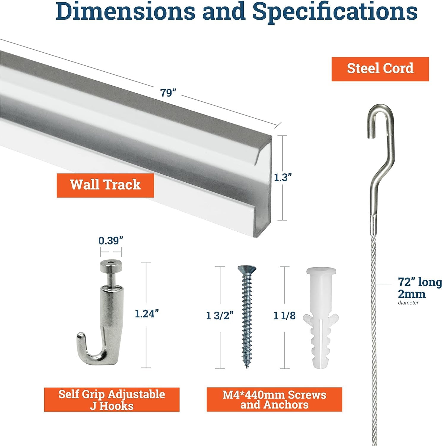 Picture Hang Solutions - Track 101 Picture Rail Kit - Includes 79-inch Wall Track, Steel Cords, Adjustable Hooks, and Hardware - Gallery Hanging Systems 2 sets per pack