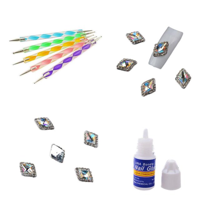 10 Unids 3D Adhesiva de Joyería Cosejos para Uñas + 1 Unid Pegamento de Uñas + 5 Unids Nail Art Dotting Pen Herramientas para Puntear Uñas Zulema Nail Art Glitter Sticker