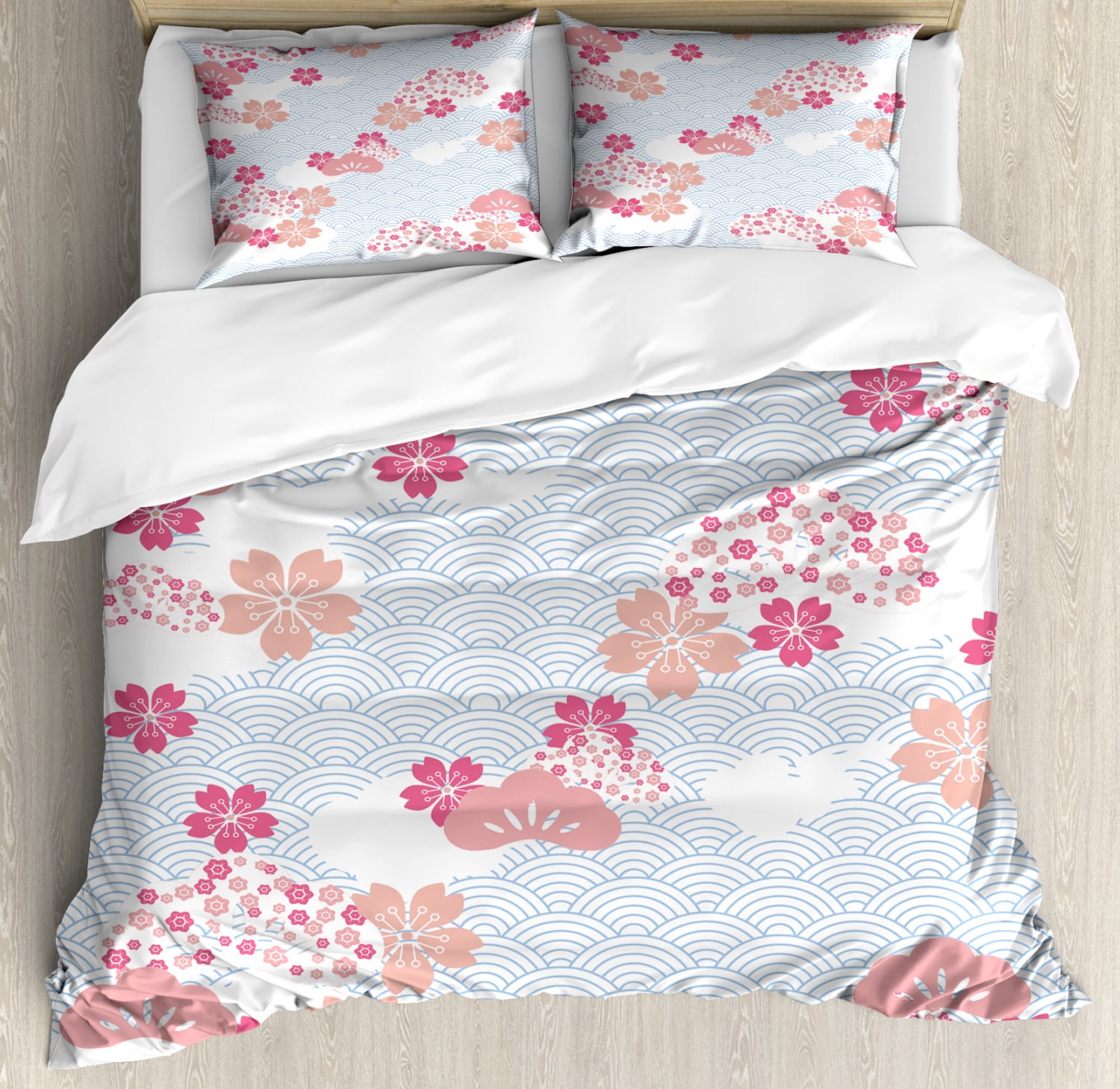 Japanese Duvet Cover Set, Squama Pattern with Cherry Blossom Land of