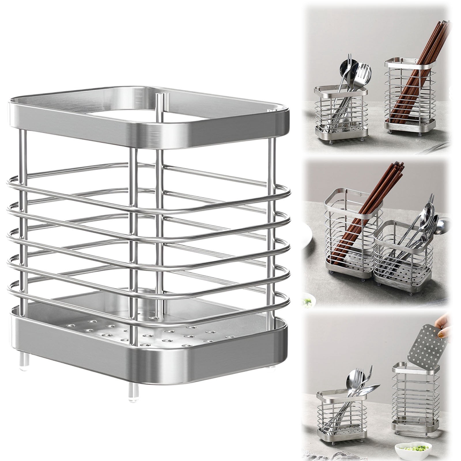 BNNG Utensil Holder, Stainless Steel Utensil Drying Rack for Kitchen Counter, Silverware Cutlery Flatware Holder with Drain Tray for Forks, Knives, Spoons, Chopsticks Organizer (Silver,S/L)