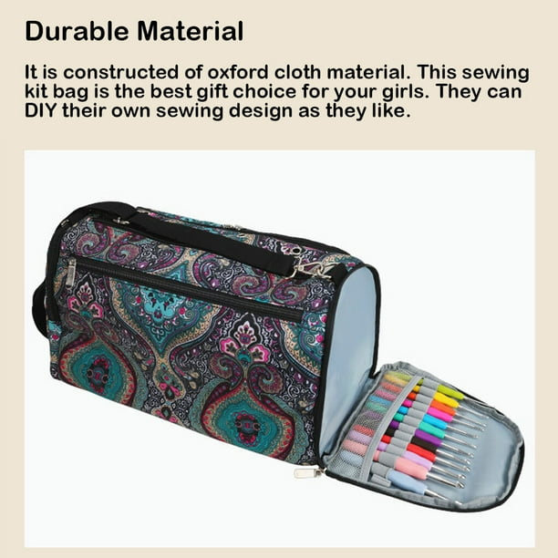 Yarn Storage Bag Shoulder Large Capacity Knitting Bags Multi grids Oxford Cloth Pouch For Wool Crochet Supplies Blue Leaf