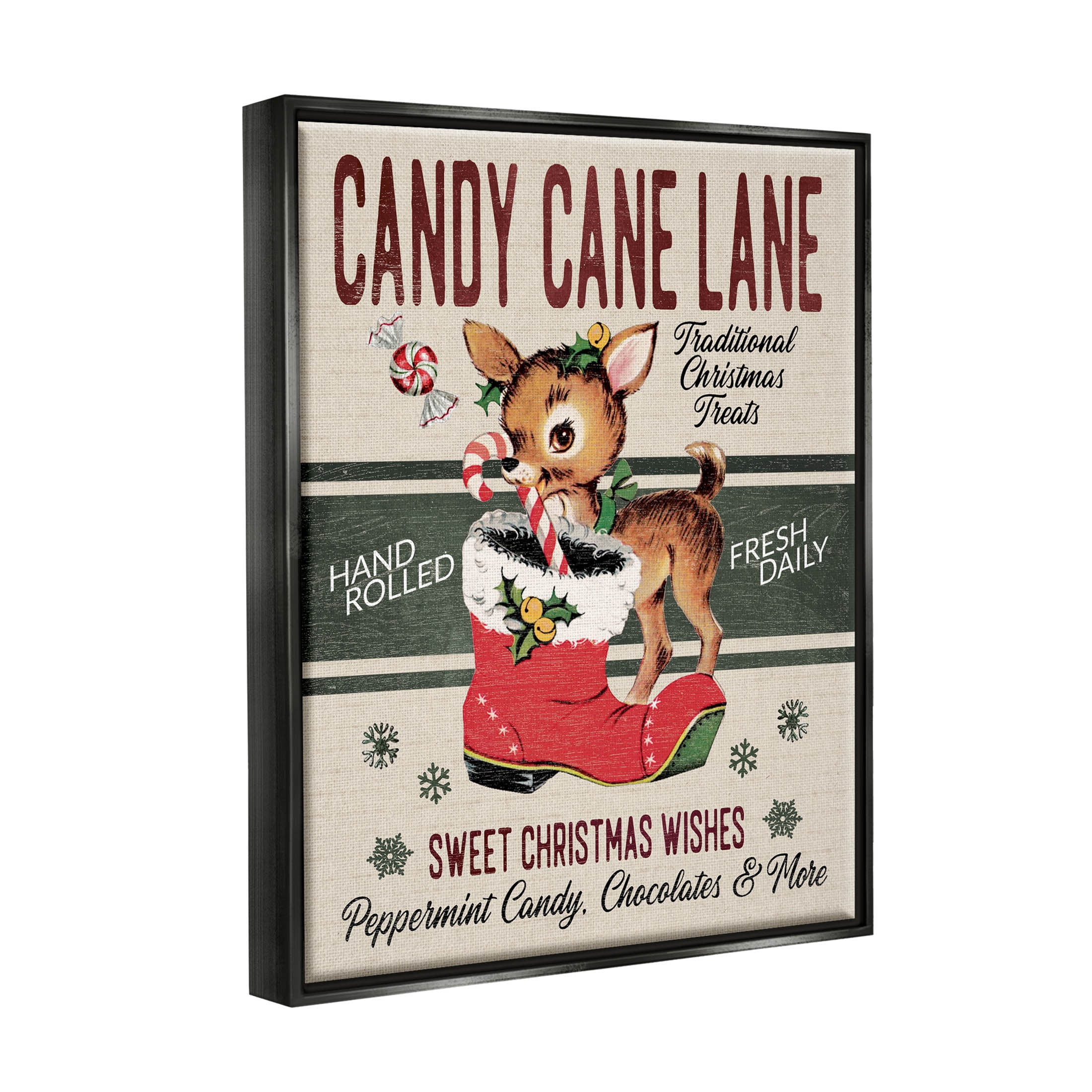 Candy Cane Lane Vintage Reindeer Boot Holiday Graphic Art Jet Black Framed Art Print Wall Art