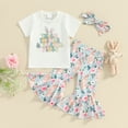 thumbnail image 2 of Bagilaanoe 3pcs Toddler Baby Girl Pants Set Short Sleeve T-shirt Tops + Flare Trousers + Headband 6M 9M 12M 18M 24M 3T Kids Casual Clothes, 2 of 8