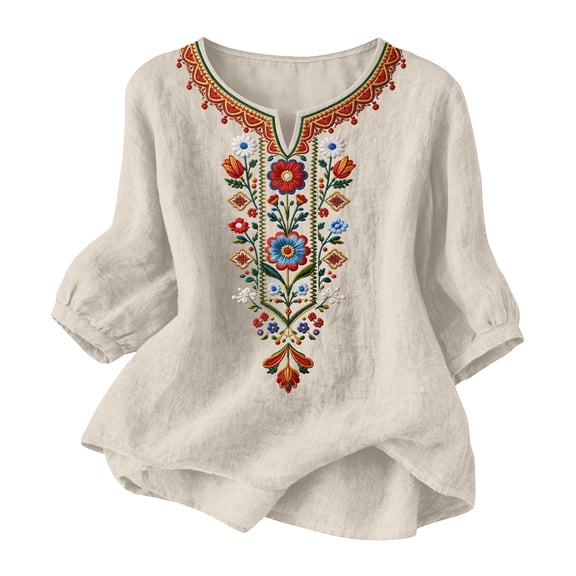 Njagoc3 Cotton Linen Tops for Women Ethnic Embroidered V Neck Top | 3/4 Sleeve Boho Floral Relaxed Blouse | Versatile Loose Fit for Fall Casual Daily Wear and Vacation,Beige,XL