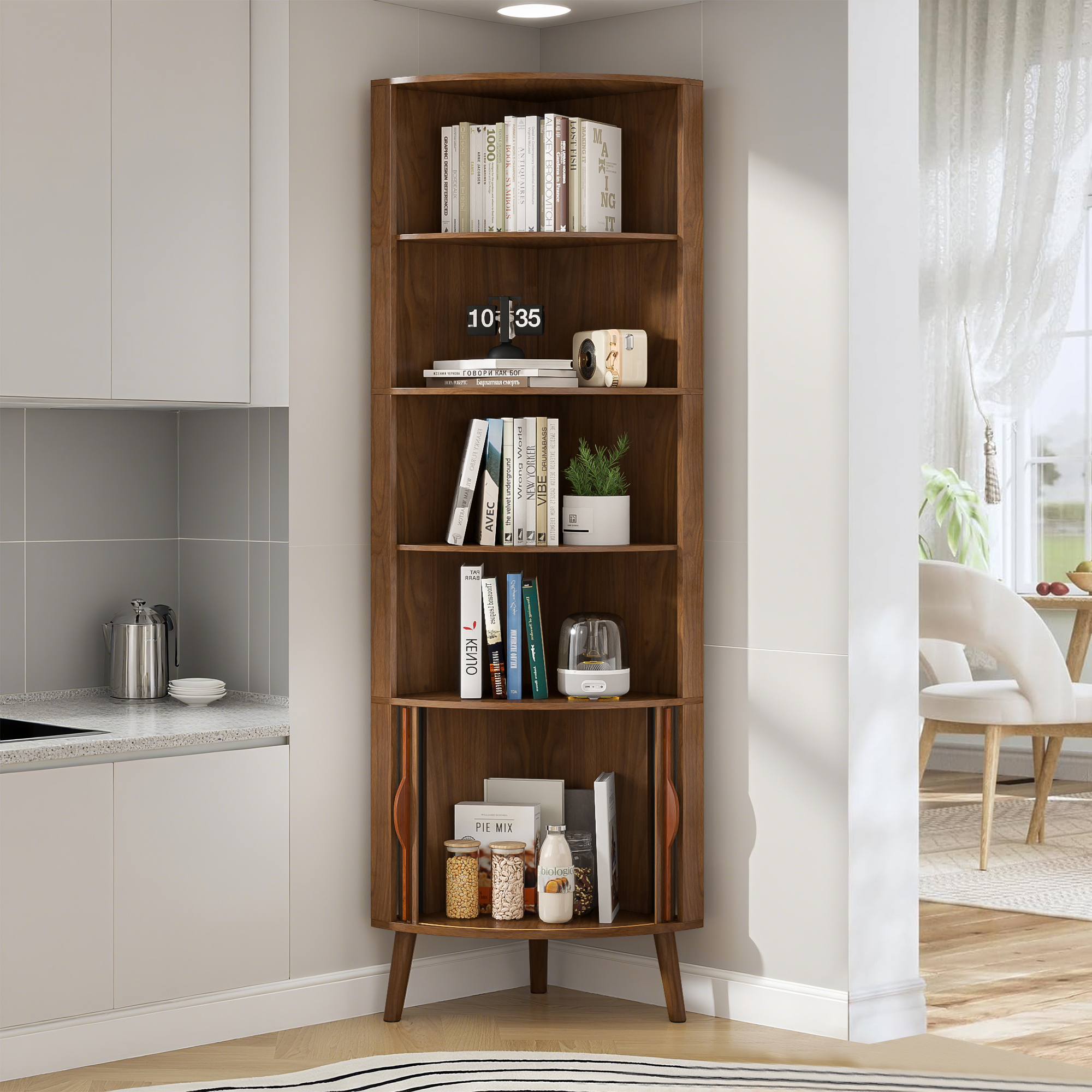 Bathroom Tall Corner Cabinet with Doors, Freestanding Corner Storage Cabinet for Kitchen, Living Room, Walnut