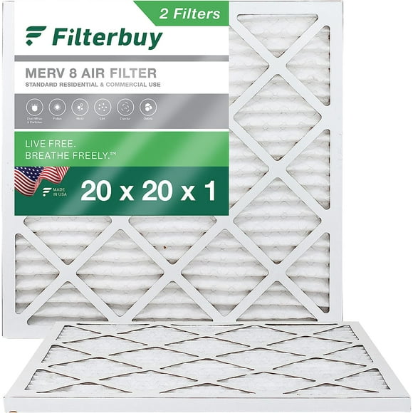 Filterbuy 20x20x1 MERV 8 Filtres à Air Plissés HVAC AC Four (2-Pack)