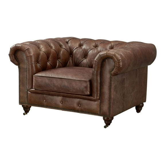 Pemberly Row Craftsman Mission Leather Arm Chair in Brown Finish