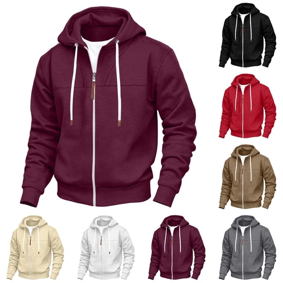 Zpzdpjkx Hooded Zip Jacket Classic Solid Color Drawstring Wind Resistant Daily Versatile Casual Hoodies for Men