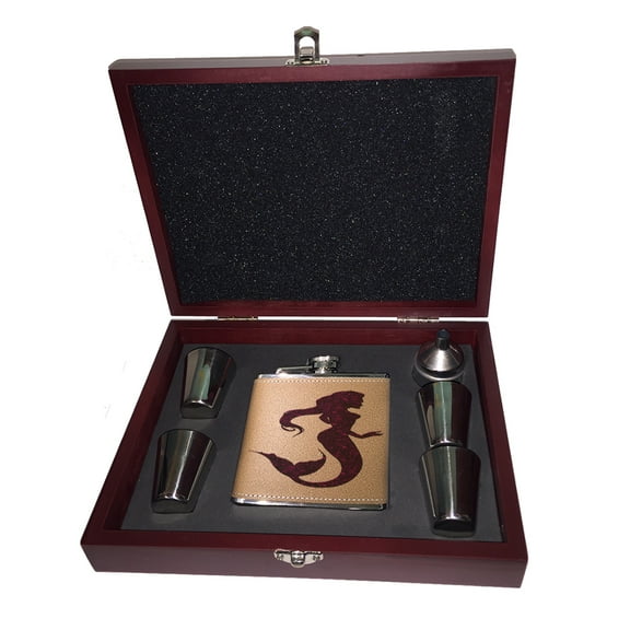 KuzmarK 6 oz. Leather Flask Set in Rose Wood Presentation Box -  Mermaid Nautical