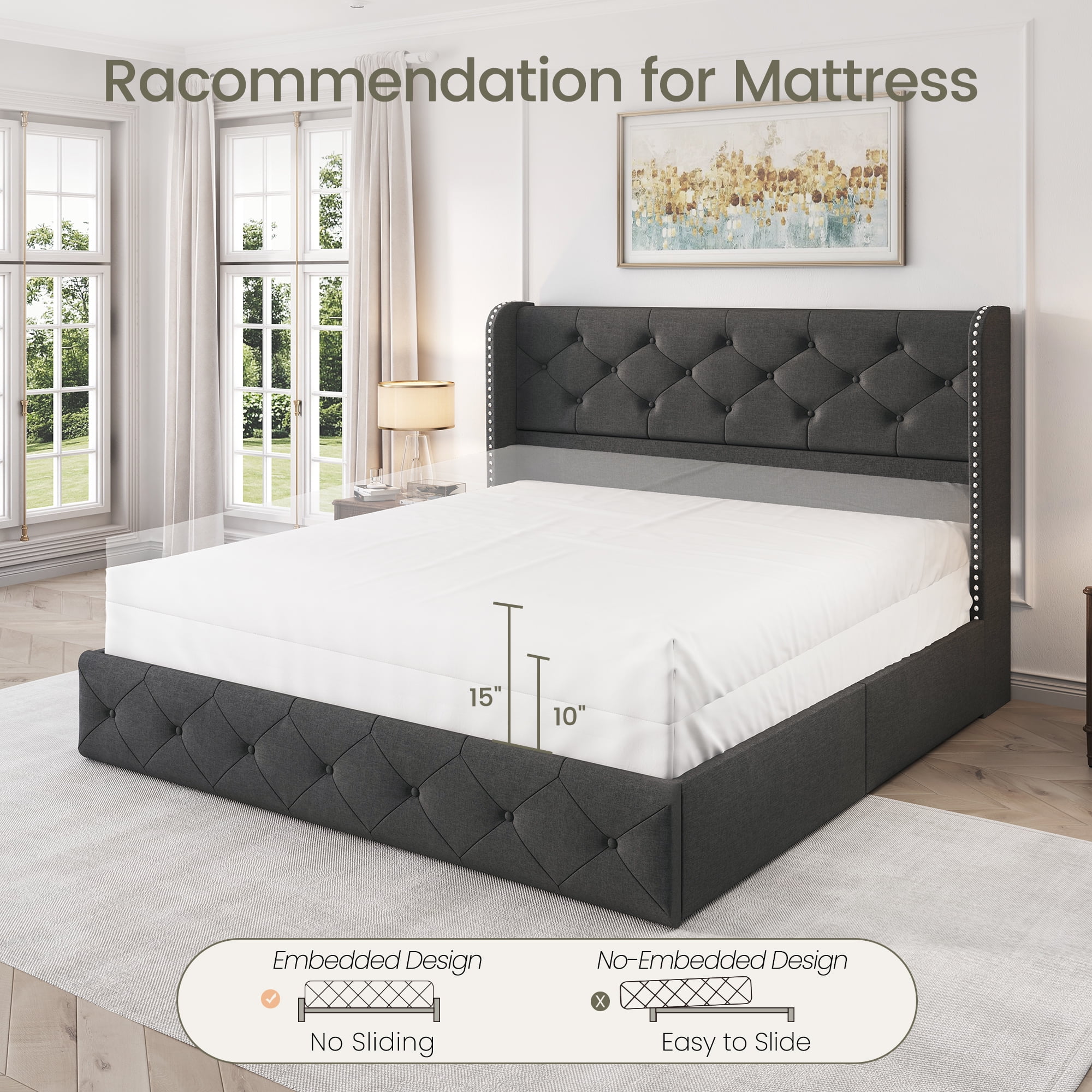 Breltam Full Size Bed Frame with 4 Storage Drawers, Wingback Tufted Headboard, LED Lights, Dark Grey Velvet Upholstered Platform Bed, No Box Spring Needed