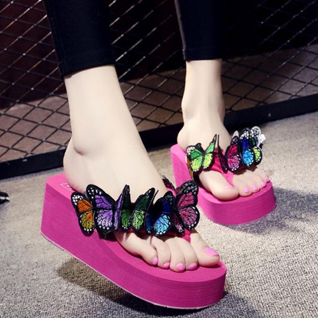 Dressin Womens Platform Summer Flip-Flops Ladies Girls Cute Butterfly Wedges Floral Shoes Slippers Sandals 
