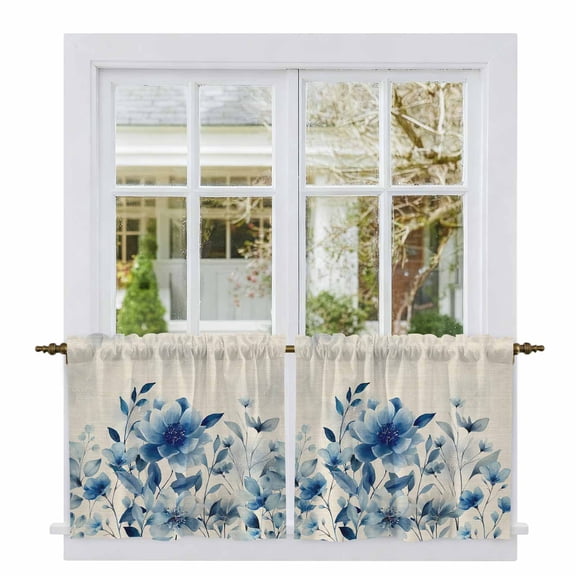 Blue Ombre Floral Tier Curtains, Spring Elegant Flowers Beige Rustic Light Filtering Kitchen Curtains, 2Pcs Rod Pocket Half Window Treatments Panels for Sink Cafe Cabinet Camper 27.5x36 Inches