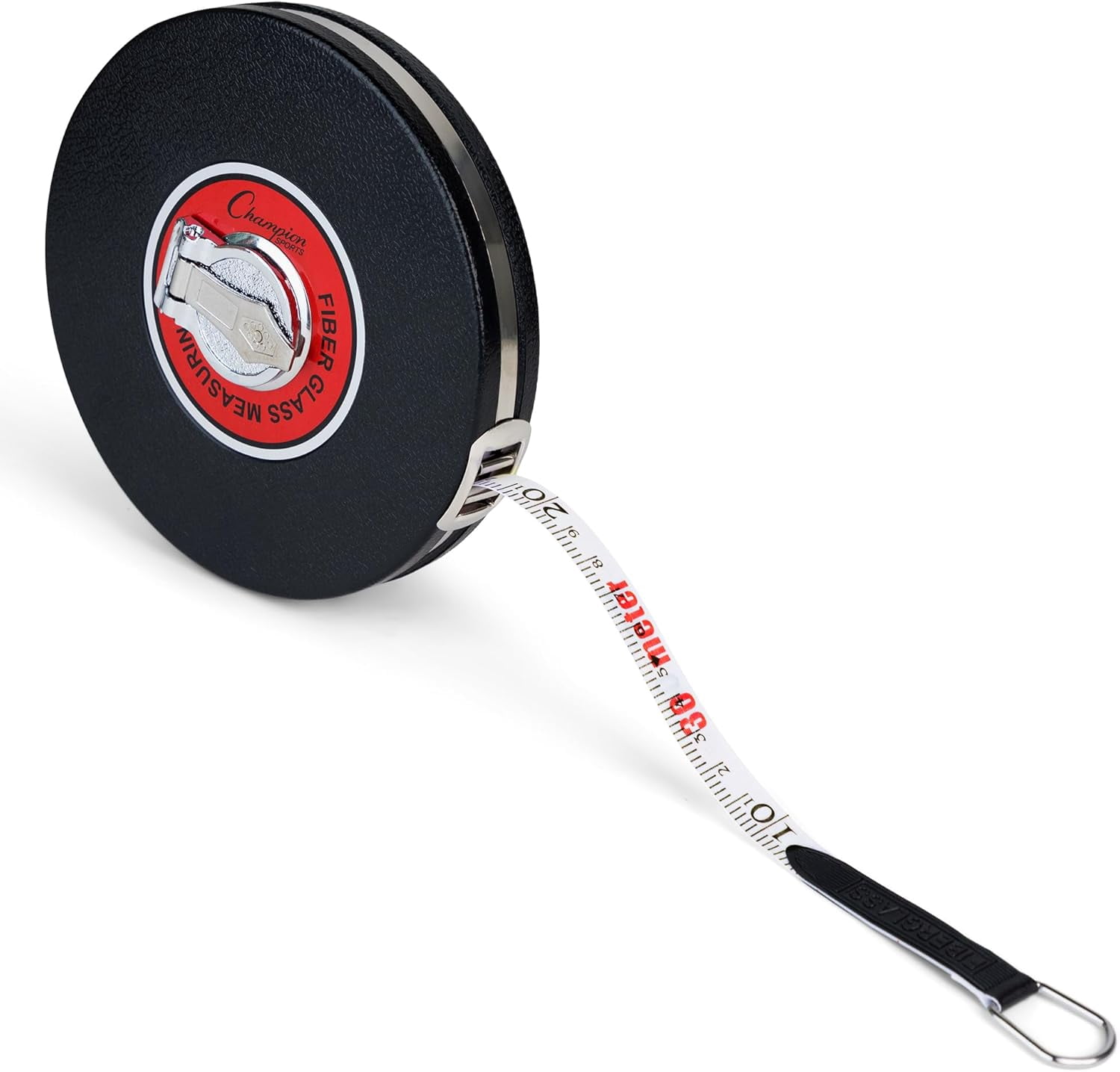 Champion Sports Closed Reel Measure Tape, 100 ft - Sturdy Measuring Tapes with Hand Crank for Track and Field, Long Jump, Landscaping - Durable, Dual-Sided Measuring Reel with Feet and Meters