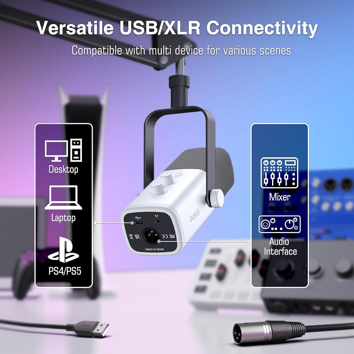 FIFINE AM8 Dynamic Microphone with Boom Arm Stand, USB XLR Gaming Microphone Kit for PC Computer PS5 with RGB, Mute, Headphone Jack for Streaming AM8T, White