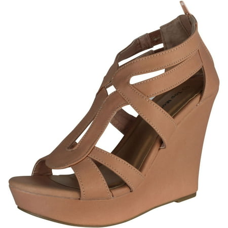 

Top Moda Womens Lindy-3 Strappy Fashion Wedge Sandals Blush 6