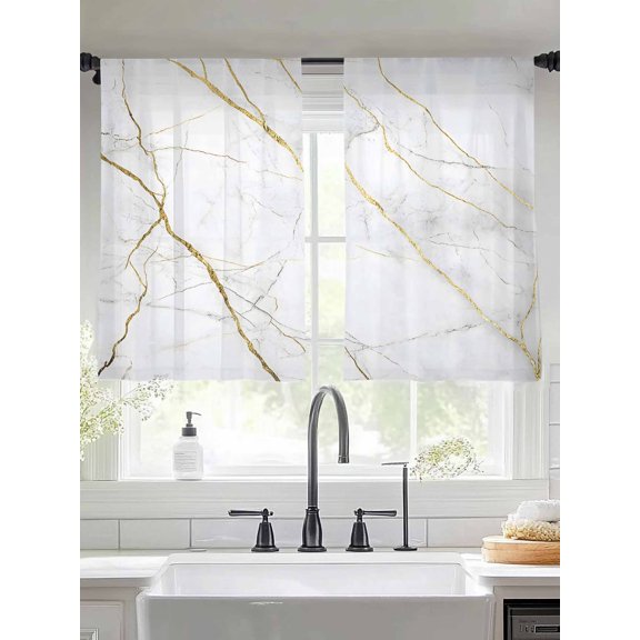 White Gold Marble Sheer Curtains for Living Room Bedroom Modern Farmhouse Abstract Patterned Sheer Curtains 45 Inch Long 2 Panels Set Light Filtering Curtain Window Treatments Drapes for Dining Room