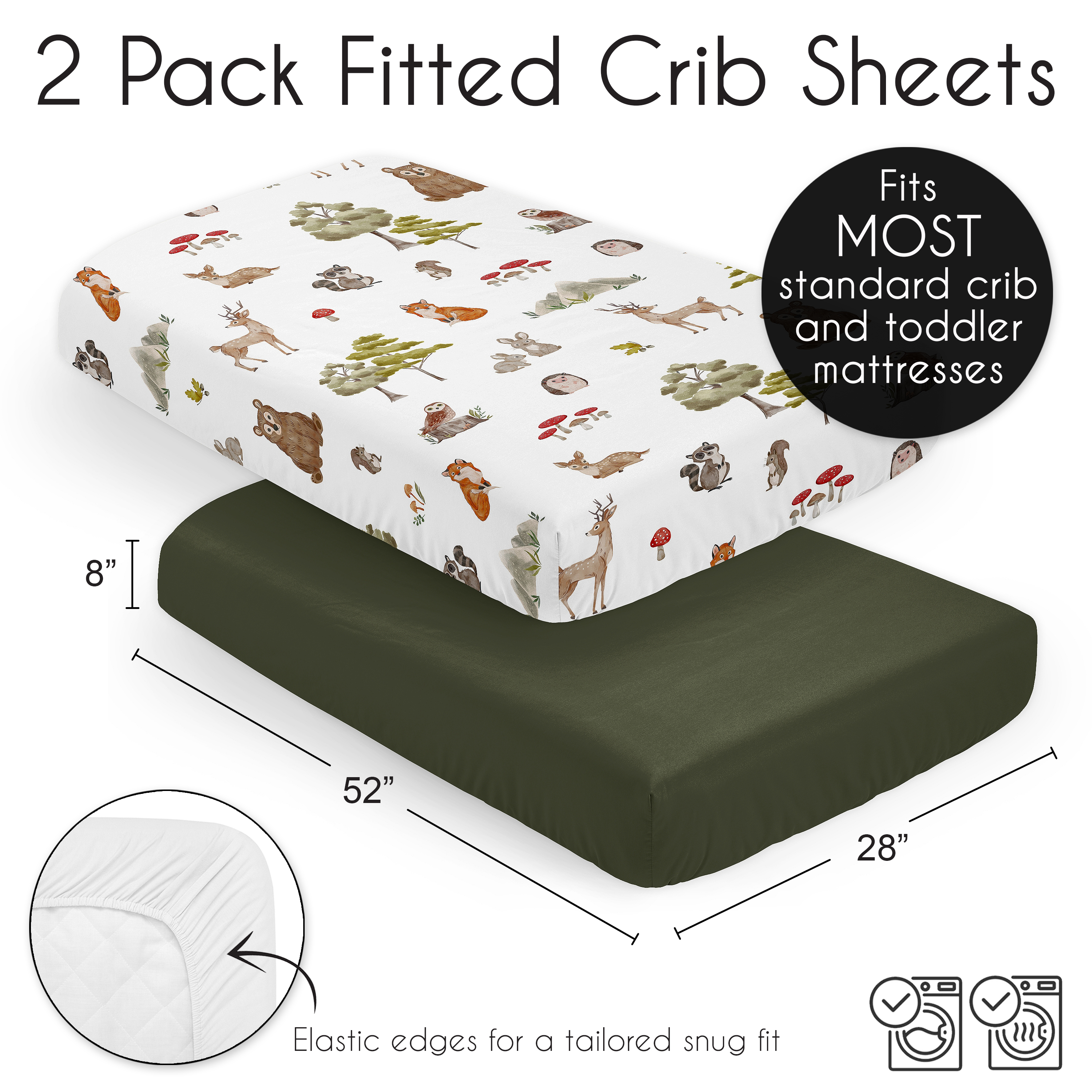 Sweet Jojo Designs Watercolor Woodland Forest Animals Green Brown White Fitted Crib Sheets 2 Piece Set
