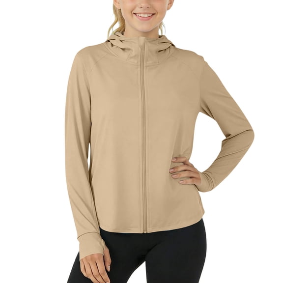 Girls Boys UPF 50 Sun Protection Hoodie Jacket Ice Silk Zip Up Lightweight Long Sleeve UV Shirt with Face Mask Thumb Hole Khaki 5-9 Years