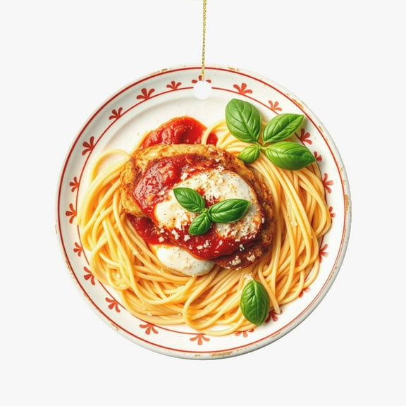 Chicken Parmigiana, Golden Breaded Chicken Cutlet, Spaghetti, Italian Cuisine Christmas Ornament, Food Foodie Novelty Xmas Tree Gift Accessory Funny Ornaments (Flat Design Printed on Ceramic, NOT 3D)