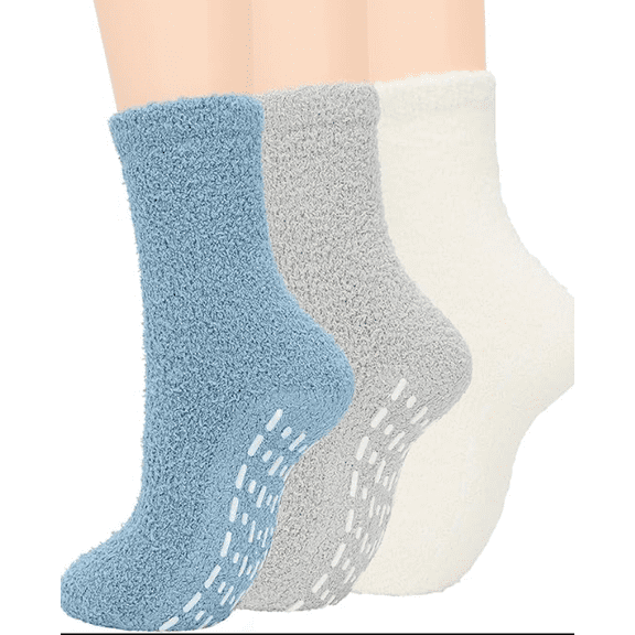 3 Pairs Non Slip Socks for Womens with Grips, Anti Skid Fuzzy Hospital Slipper Socks Warm Winter Cozy Fluffy Soft Fleece Socks