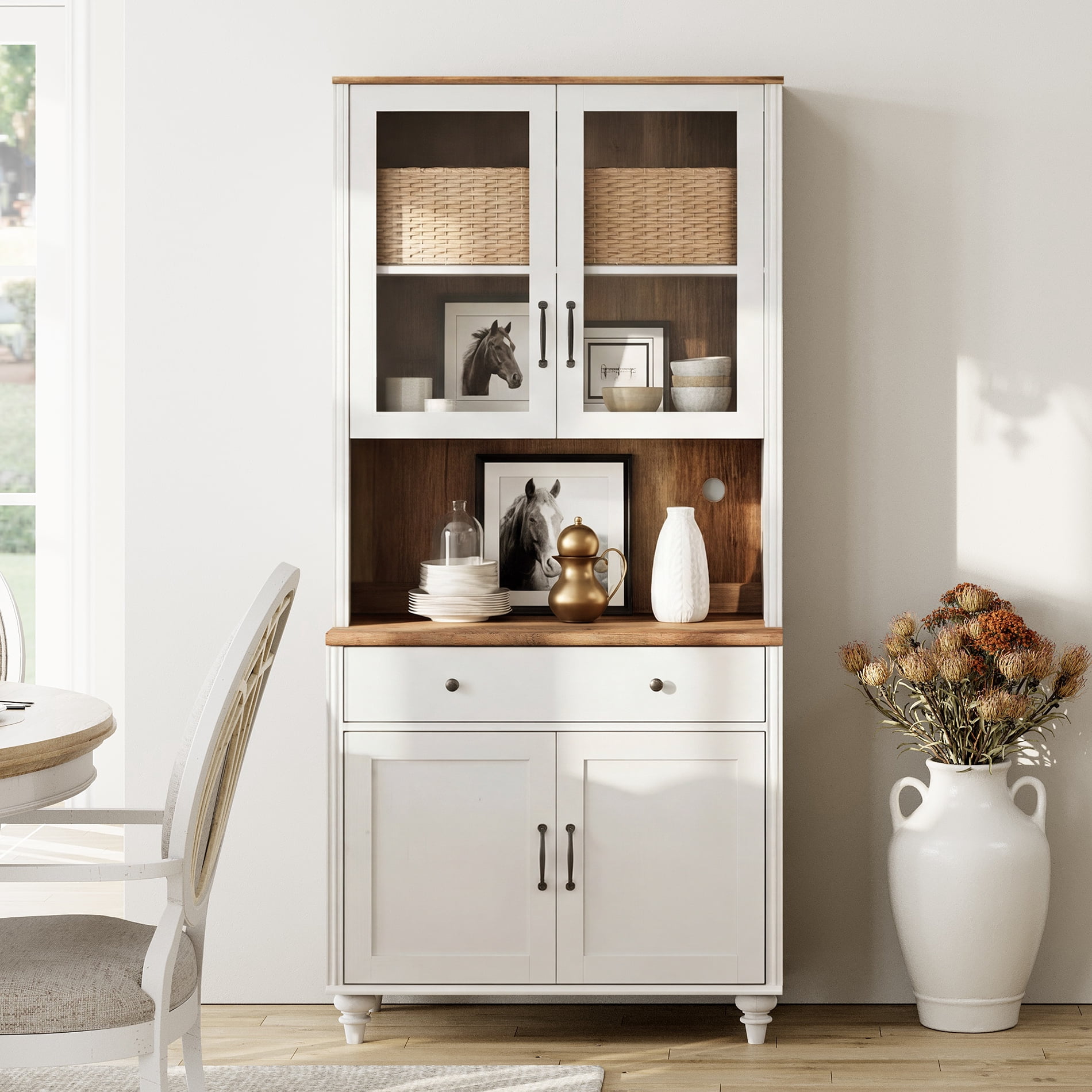 White Large Bookcase, Bookshelf with Storage Cabinet, Farmhouse Library Wooden Bookshelves for Living Room, Office, Study Room, Kitchen