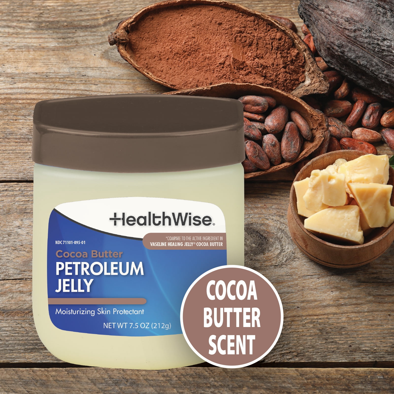 HealthWise Petroleum Jelly | Skin Protectant | Cocoa Butter Scent | Relieves Dry Skin | Protects Minor Cuts, Scraps, Burns | 7.5 oz. Jar