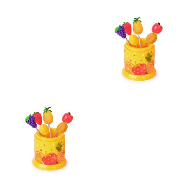 Naiovety Paquete de 6 palillos de frutas con soporte de acero inoxidable postre aperitivo tenedores caja de almuerzo palillos de Amarillo 2piezas
