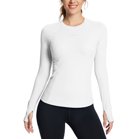 Baleaf Women's Long Sleeve Workout Tops Compression Running Shirts Fitted Athletic Warm Thumbholes Quick Dry Yoga White L