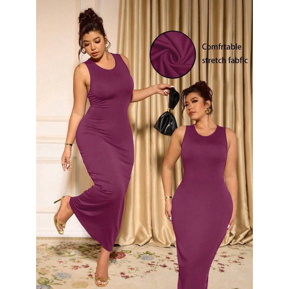 Hot Pink Plus Size Solid Round Neck Sleeveless Fitted Bodycon Maxi Dress