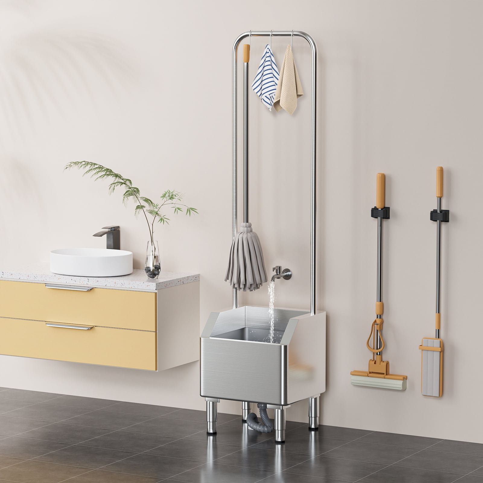 Stainless Steel Mop Sink with Extended Elevated Rack, Commercial Utility Sink for Laundry Room, Kitchen, Restaurant, Overflow-Proof Reservoir, 15° Tilted Edge, 5 Hooks, 150kg Capacity