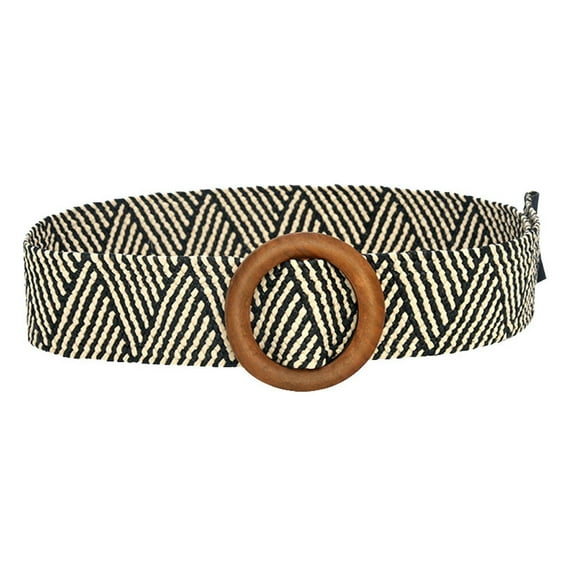 WCJM A Bronze Polyester Vintage Waist Belt Round Wooden Smooth Buckle Straw Wide Belt