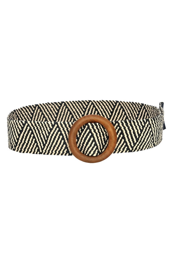 Women's Boho Woven Elastic Waist Belt with Round Wooden Buckle Stretchy Cinch Sash for Dresses Gray One Size
