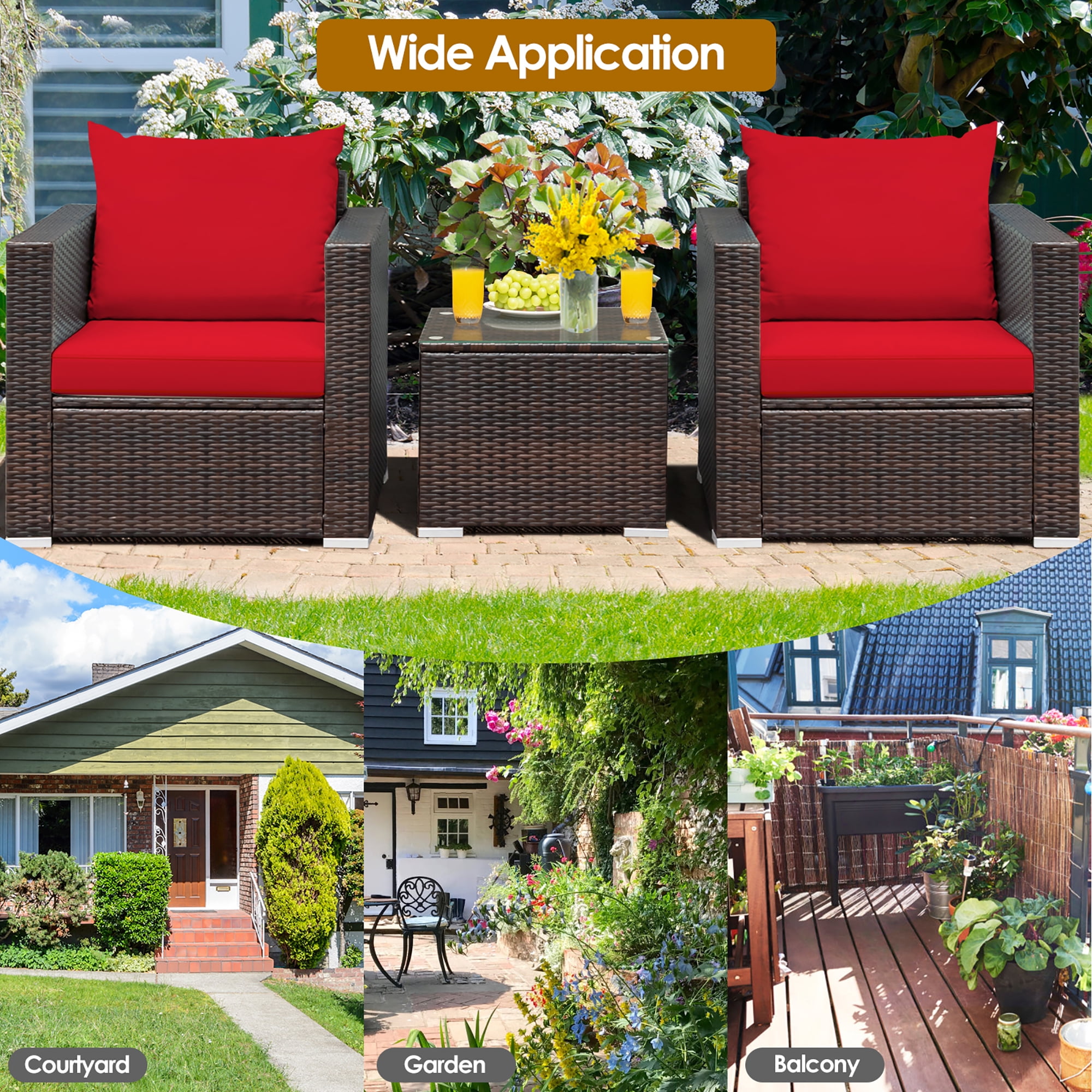 Costway 3PCS Patio Rattan Furniture Set Conversation Sofa Cushioned Garden Red