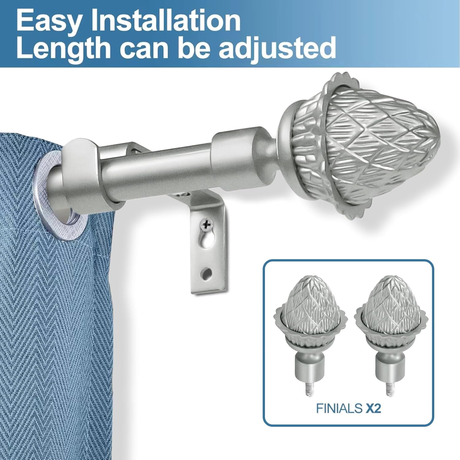 Urbanest Adjustable Single Curtain Rod Set With Artichoke Finials – 5/8-Inch Diameter, Pewter, 28–48 Inches
