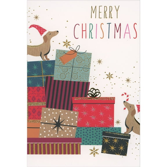 Pictura Two Dogs Standing on Pile of Sparkling Presents Christmas Card