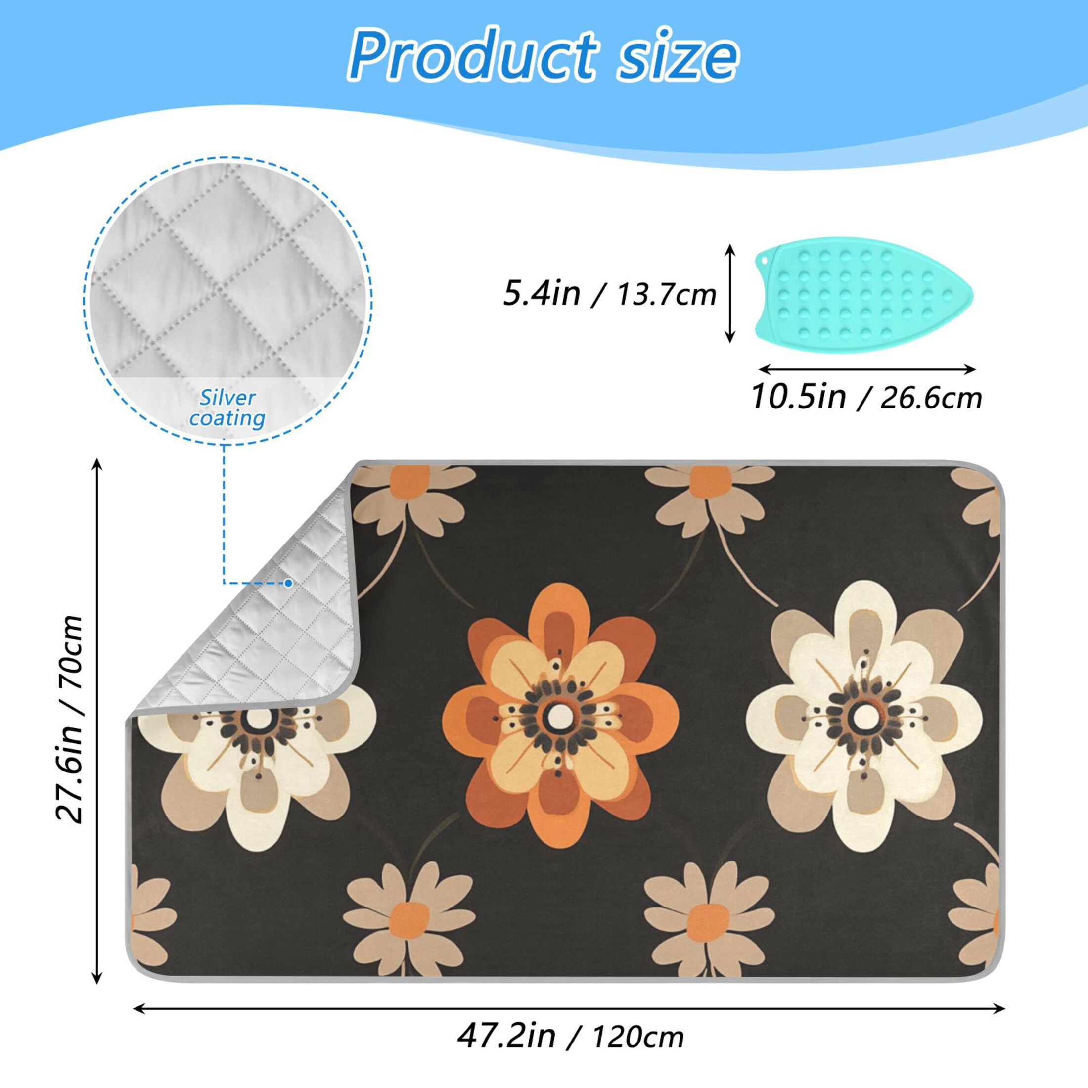 Geometric Brown White Orange Flowers Ironing Mat Blanket Portable Travel Ironing Pad Heat Resistant Pad 47.2" x 27.6”