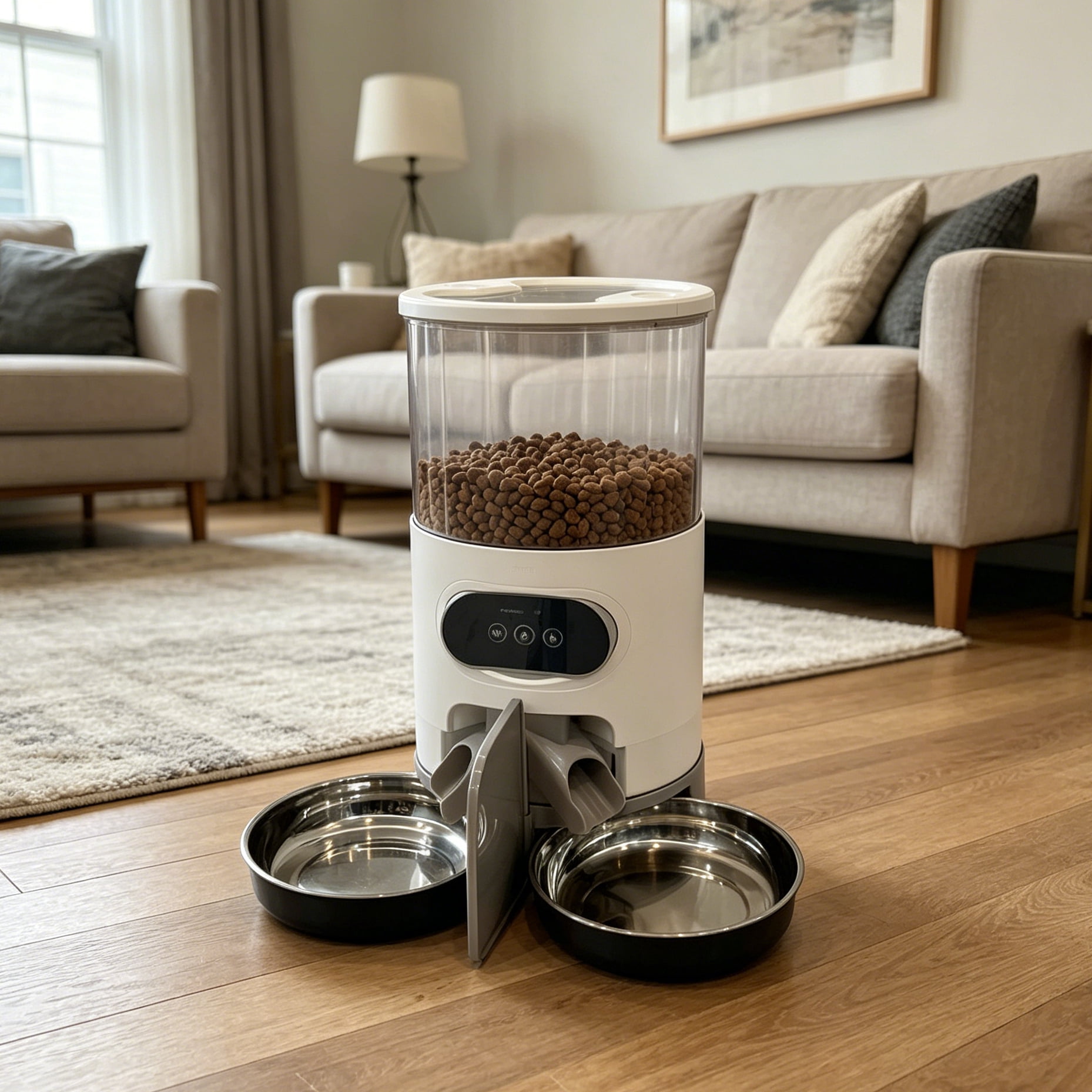 FlexiTrio Pet Feeder Cat And Dog Food Automatic Dispenser for Small And Medium-Sized Cats And Dogs Feeding Stainless Steel Double Bowl Pet Cat And Dog Feeder Easy to Clean