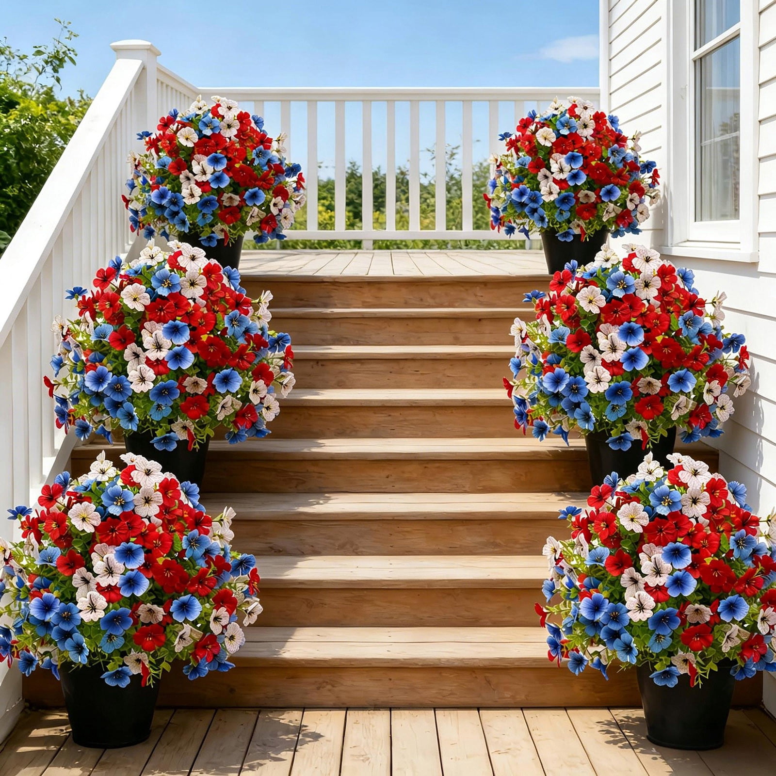 17.7in Independence Day Artificial Ground Stake Flower Tree - Red White Blue Flowers, Plastic Stalk, to Insert Soil, Floral Decor, Holiday Arrangements, Home, Outdoor, Weather-Resistant