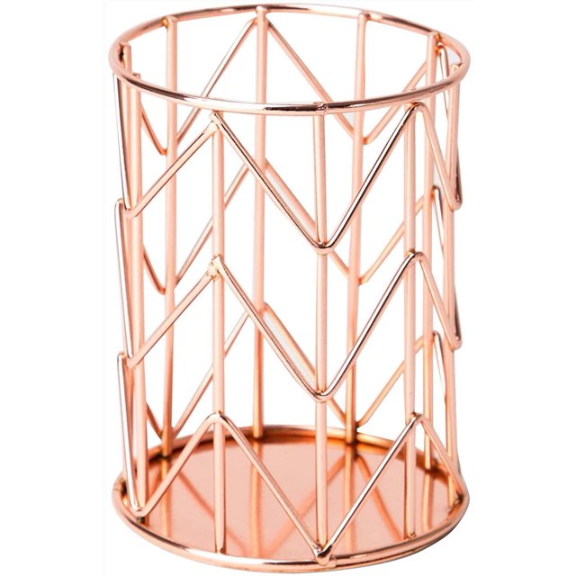 Soporte para bolígrafos para escritorio, soporte para brochas de maquillaje, soporte para vasos de alambre de metal dorado rosa Zhivalor HMYH419