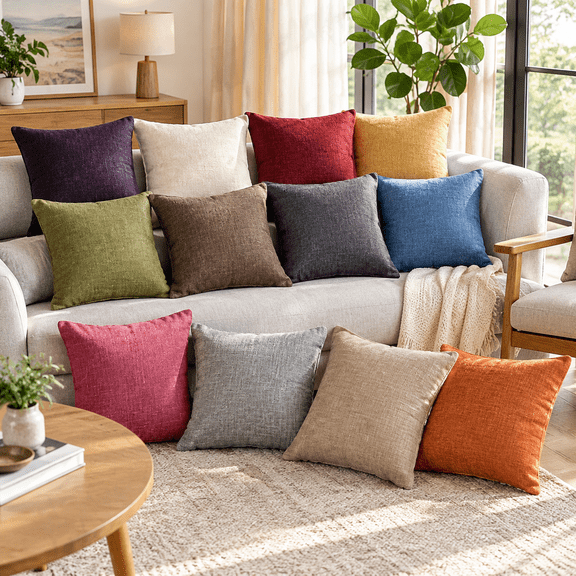 Linen Cushion Cover Thick Textured Square Throw Pillow Case in Multiple Colors for Sofa Chair Bedroom Living Room Decor