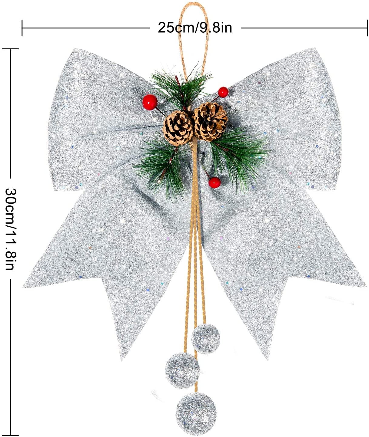 Whaline 4pcs Christmas Bow, Silver Wreaths Bows, Large Glitter Ribbon Bow Tie, Large Xmas Bows, Wreath Ornament Decor for Christmas Tree Party Gift, 9.8 x 11.8