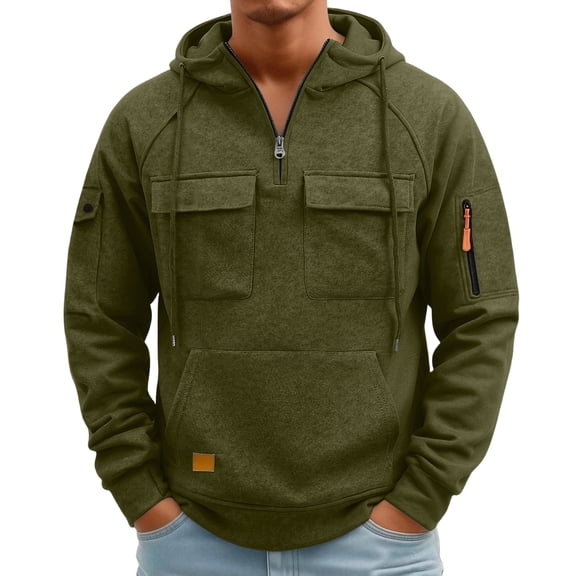 Resicozy Mens Cargo Hoodies Quarter Zip Sweatshirts Tactical Pullover Casual Gym Athletic Loose Hooded Sweatshirts with Pocket Army Green XL