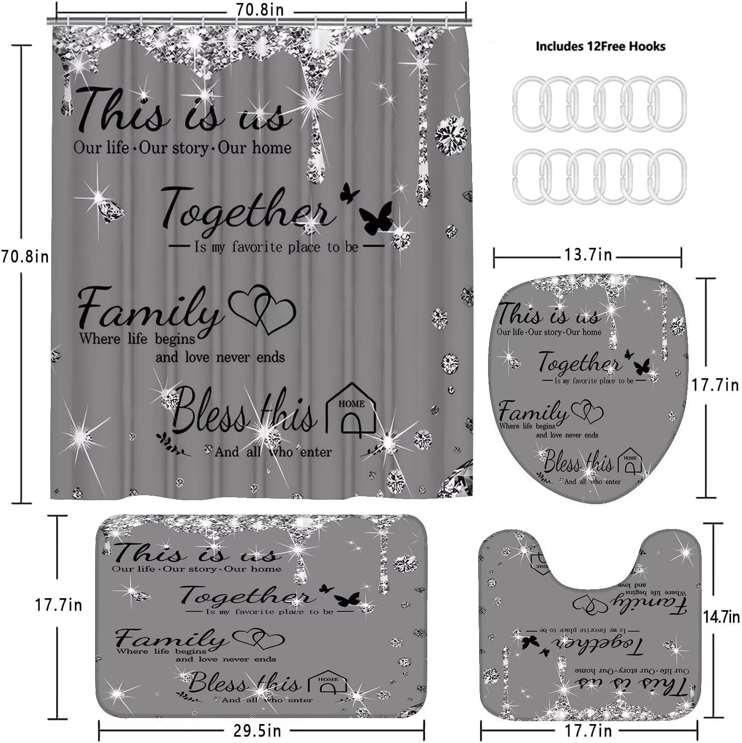 Family Shower Curtain Set Black Home Bathroom Set with Shower Curtain and Rugs and Accessories Bathroom Decor Curtain with 12 Hooks