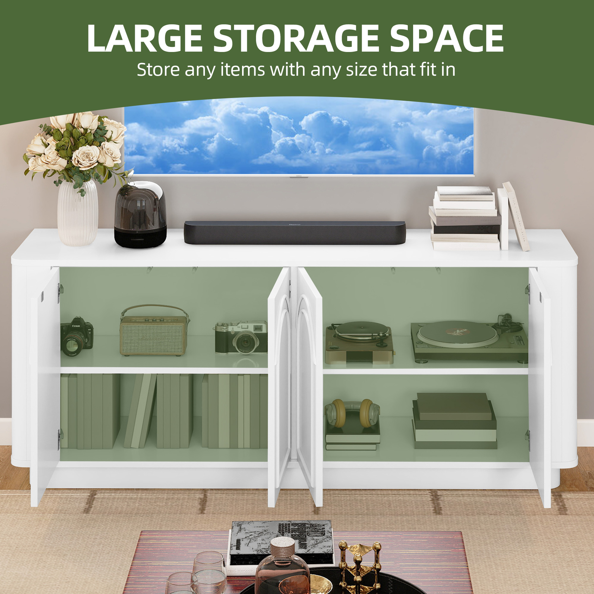 Uforic 70" TV Stand for TVs Up to 80", Entertainment Center with Cabinets & Arched Patterns for Living Room, White