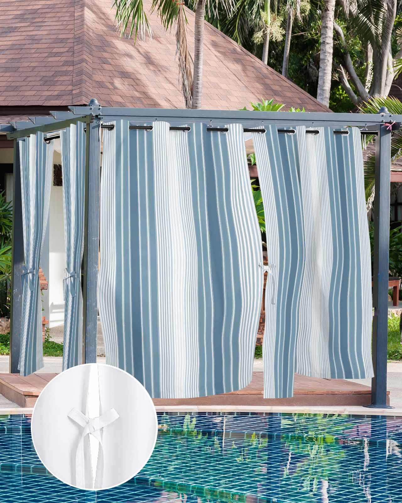 Blue Ombre Stripe Outdoor Curtains for Patio, Farmhouse Simple Striped Privacy Drapes Grommet Waterproof Outside Curtains for Porch/Cabana/Balcony 54"x 95", 2 Panel