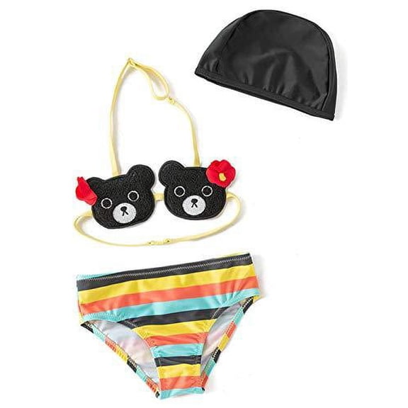 Styles I Love Infant Little Girls Cartoon Bear Striped Bikini Swimsuit and Swim Hat 3pcs Bathing Suit Beach Swimwear