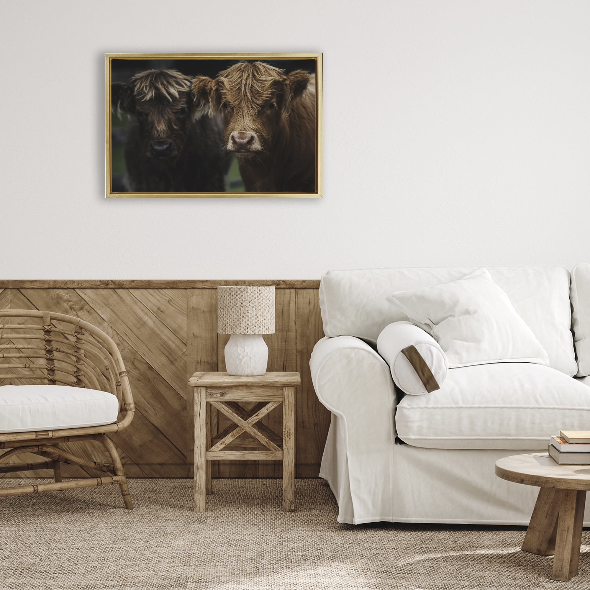 Cow Faces Highland Pair Gold Framed Floater Canvas Wall Art, design by Amy Carroll